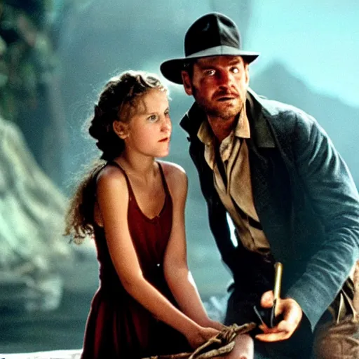 Image similar to a beautiful photo from the film indiana jones and the fate of atlantis, with indiana talking to sophia hapgood, dslr hyper focused