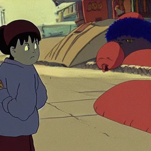 Prompt: a spirit looking for a hug, screenshot from the film spirited away by studio ghibli, lonely and sad, in a busy marketplace, sad