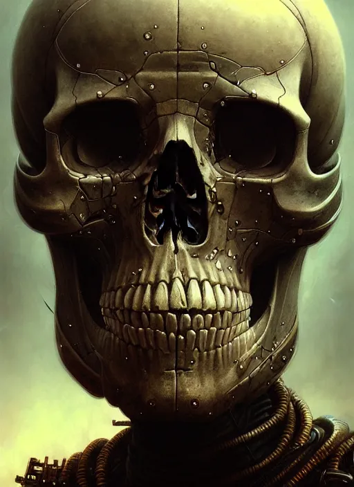 Prompt: closeup portrait shot of a cyberpunk skull in a scenic dystopian environment, intricate, elegant, highly detailed, centered, digital painting, artstation, concept art, smooth, sharp focus, illustration, artgerm, tomasz alen kopera, peter mohrbacher, donato giancola, joseph christian leyendecker, wlop, boris vallejo