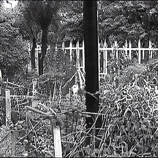 Image similar to cctv security cam grainy black and white footage of baron samedi in an overgrown graveyard