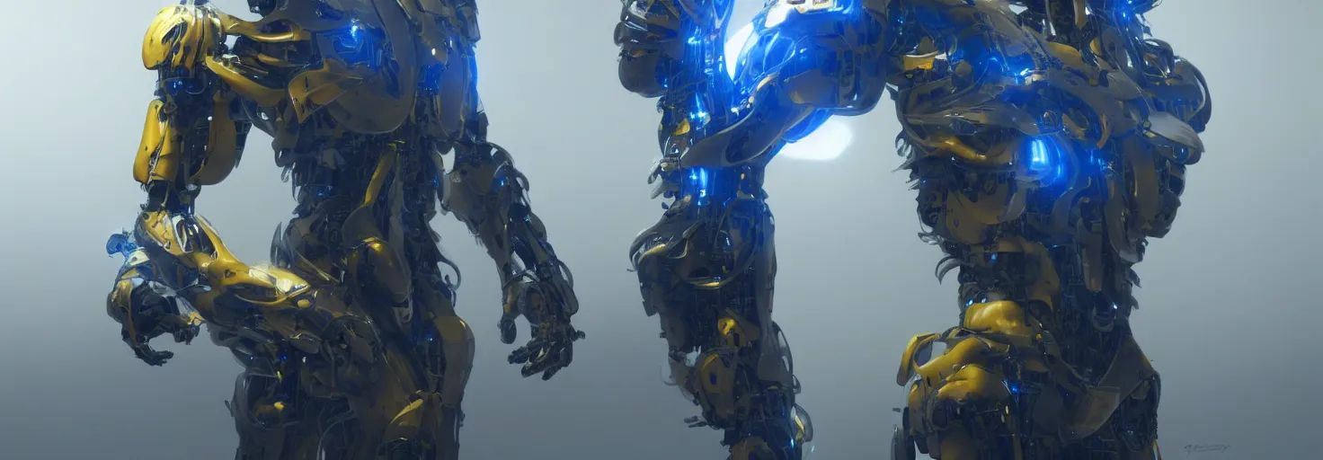 Image similar to body cyborg prototype, concept art, unreal engine render, yellow and blue theme, high detail, very realistic, by greg rutkowski, by james gurney ultra clear detailed