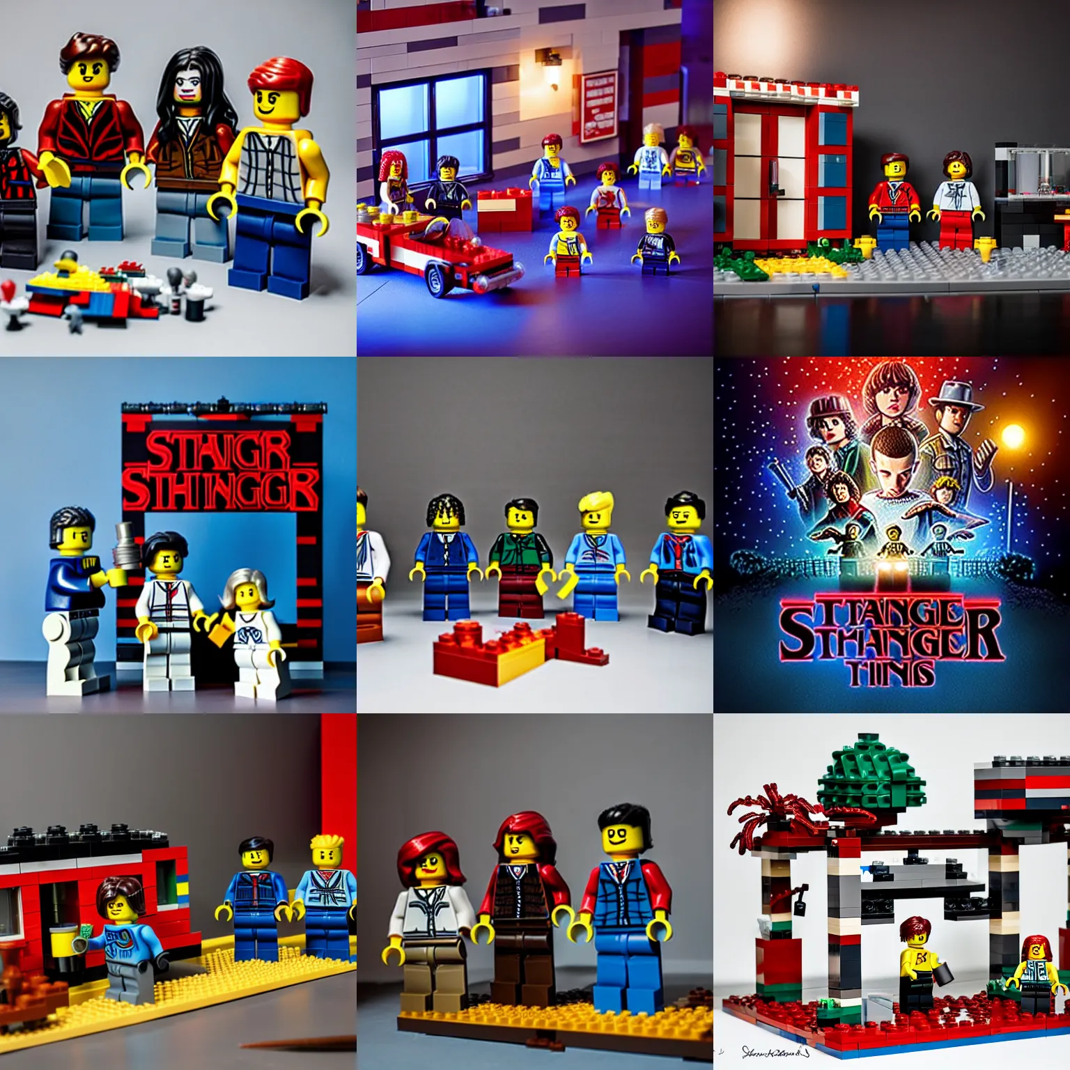 Image similar to a studio photo of the mounted lego set inspired on the serie stranger things. high quality, good light,