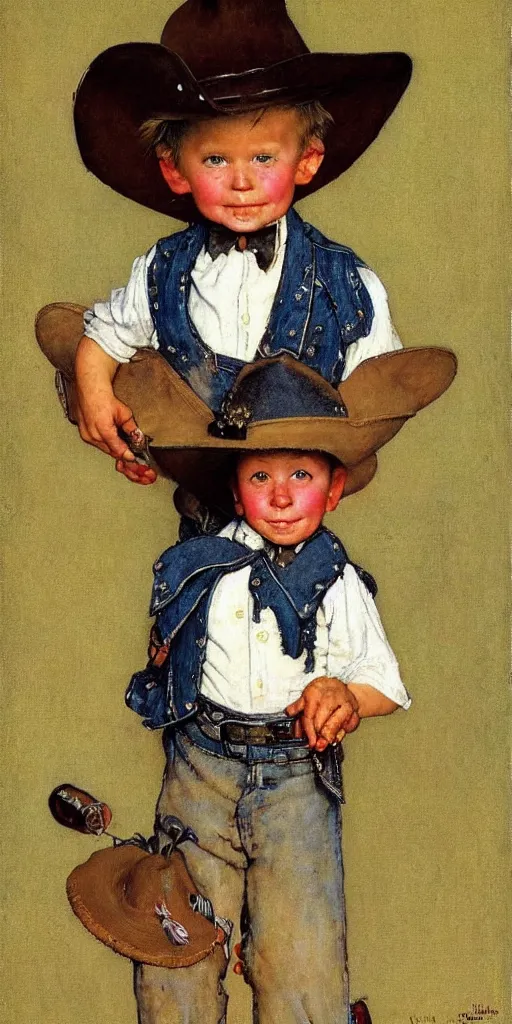 Prompt: “ ( ( ( ( ( tiny cowboy wearing a large hat ) ) ) ) ) by norman rockwell!!!!!!!!!!!!!!!!!!!!! ”