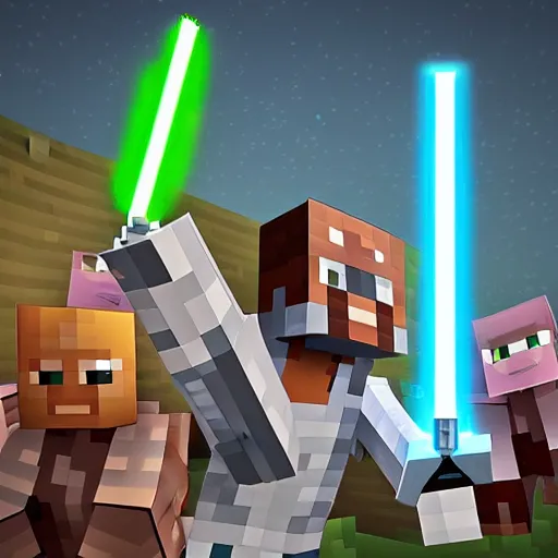 Prompt: epic battle with lightsaber in minecraft style