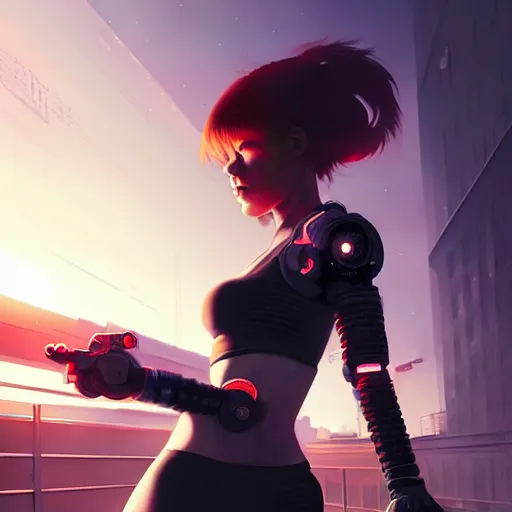 Prompt: realistic render of a cyborg - girl breaking off an arm by ross draws, futuristic dystopian burning city by ilya kuvshinov, digital art by ross tran, extreme intricate details, composition by sana takeda, lighting by greg rutkowski