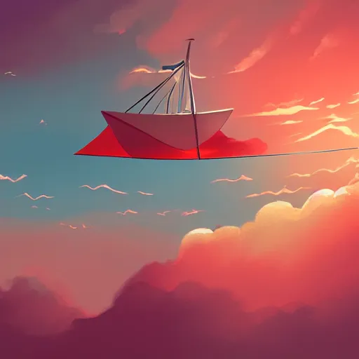 Image similar to a small sailboat flying through the sky, fluffy clouds, red-pink sunset, floating, fantasy, concept art, illustration, artstation award, bright