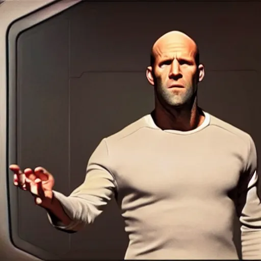 Prompt: ultra - realistic photo of jason statham as jean luke picard telling the bridge of the enterprise to engage.