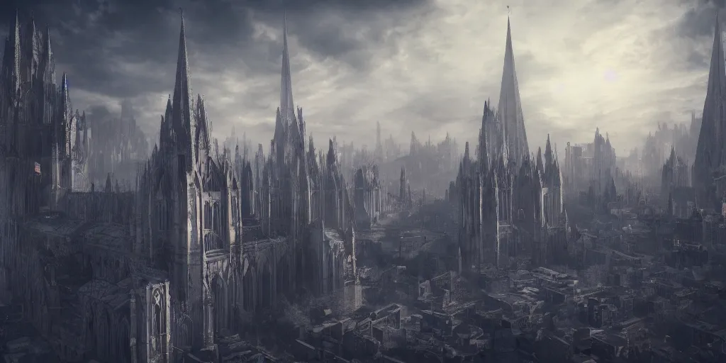 Image similar to a giant cathedral towering above the city, medieval, fantasy apocalypse, digital art, mmo, 4 k,