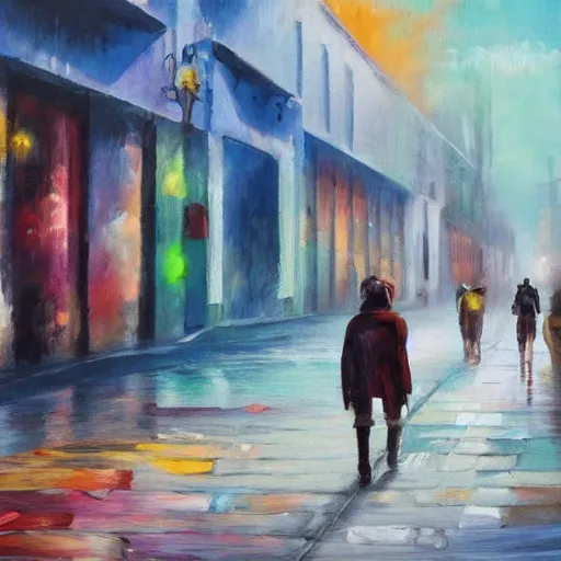 Prompt: a sad and faded city with colorful people walking through, oil painting, imaginative, dystopian