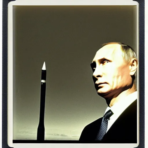 Prompt: Vladimir putin looking at an icbm missile. polaroid. bleak.