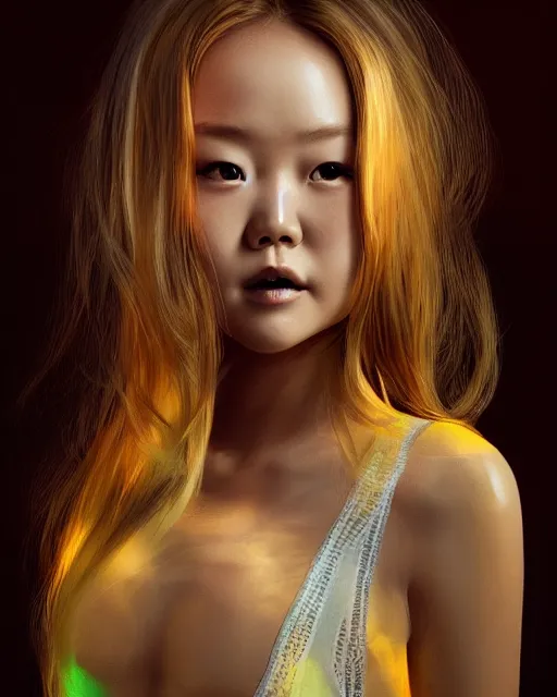 Prompt: beautiful devon aoki as honey, made of honey, wearing neon honey miniskirt, award winning creature portrait photography, extremely detailed, artstation, 8 k, sensual lighting, incredible art, wlop, artgerm, backlit, rim lighting