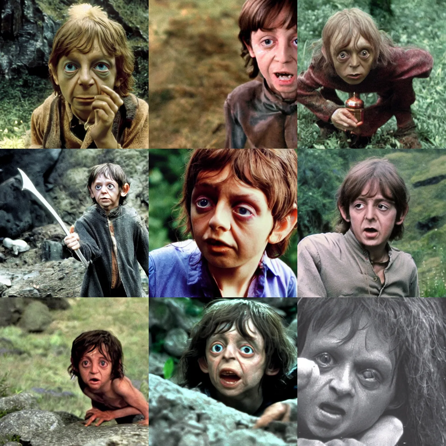 Prompt: A full color still of young Paul McCartney as Gollum in The Lord of the Rings, directed by Stanley Kubrick, 1967