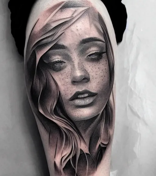 Image similar to amazing fade effect of beautiful mountain scenery with a beautiful woman face, tattoo design sketch, hyper - realistic, in the style of matteo pasqualin, amazing detail, black and white