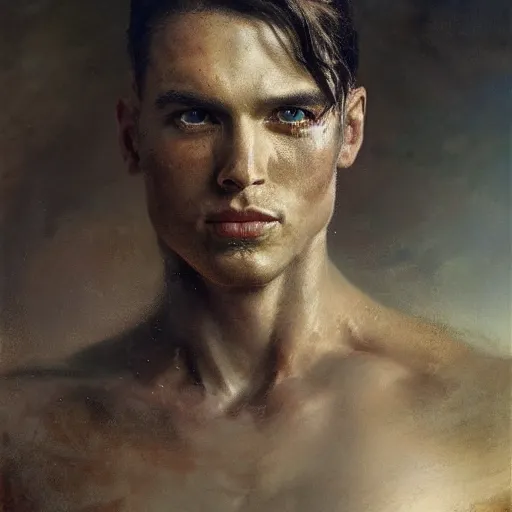 Image similar to handsome portrait of a young guy fitness posing, war hero, toned, radiant light, caustics, by gaston bussiere, bayard wu, greg rutkowski, giger, maxim verehin, alex grey,