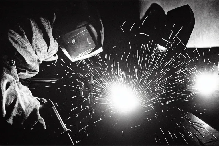 Image similar to welder in welding mask in a berlin dance club, ominous lighting, by richard avedon, tri - x pan stock