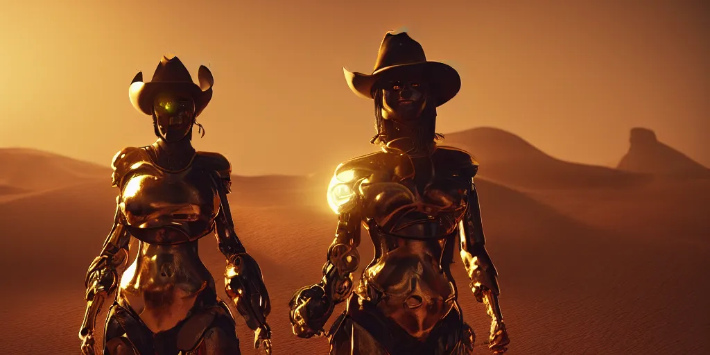 Image similar to Panorama screenshot beautiful female cyborg, super bright gold glowing eyes, wearing a cowboy hat, photographic highly detailed desert, dynamic dramatic golden moody lighting, volumetric lighting, shadows,cinematic atmosphere,Artstation, DAZ, bungie, hyperrealistic 3D digital art,Octane render