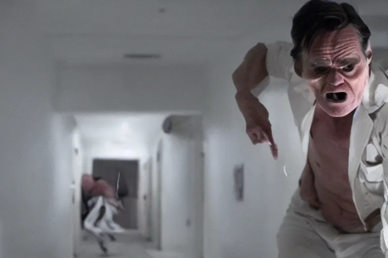 Prompt: a still of jim carrey in the human centipede, horror, dramatic lighting