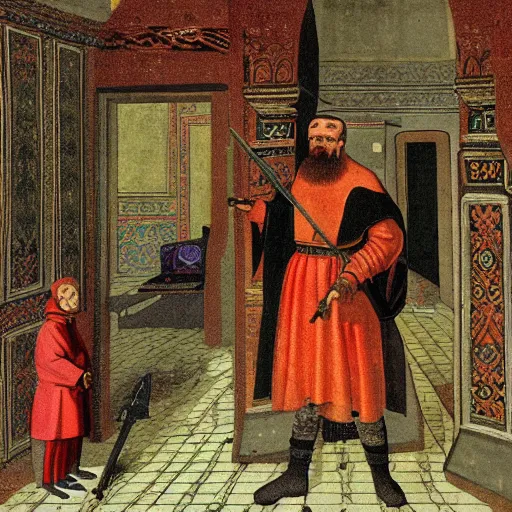 Image similar to Ivan the Terrible in his palace in Moscow is sneaking up on his son with an intention to kill him, wide angle, high detail, cyberpunk, width 768