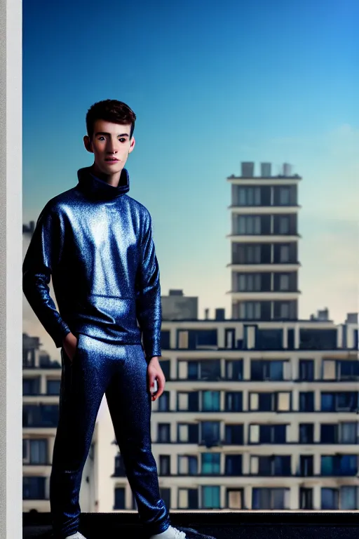 Image similar to un ultra high definition studio quality photographic art portrait of a young man standing on the rooftop of a british apartment building wearing soft padded silver pearlescent clothing. three point light. extremely detailed. golden ratio, ray tracing, volumetric light, shallow depth of field. set dressed.