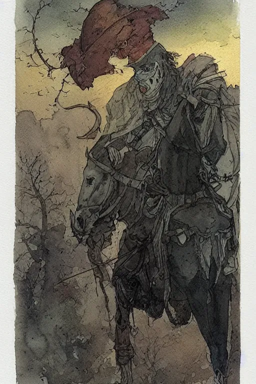 Image similar to a simple and atmospheric watercolour portrait of a the headless horseman on halloween, very muted colors, by rebecca guay, michael kaluta, charles vess and jean moebius giraud