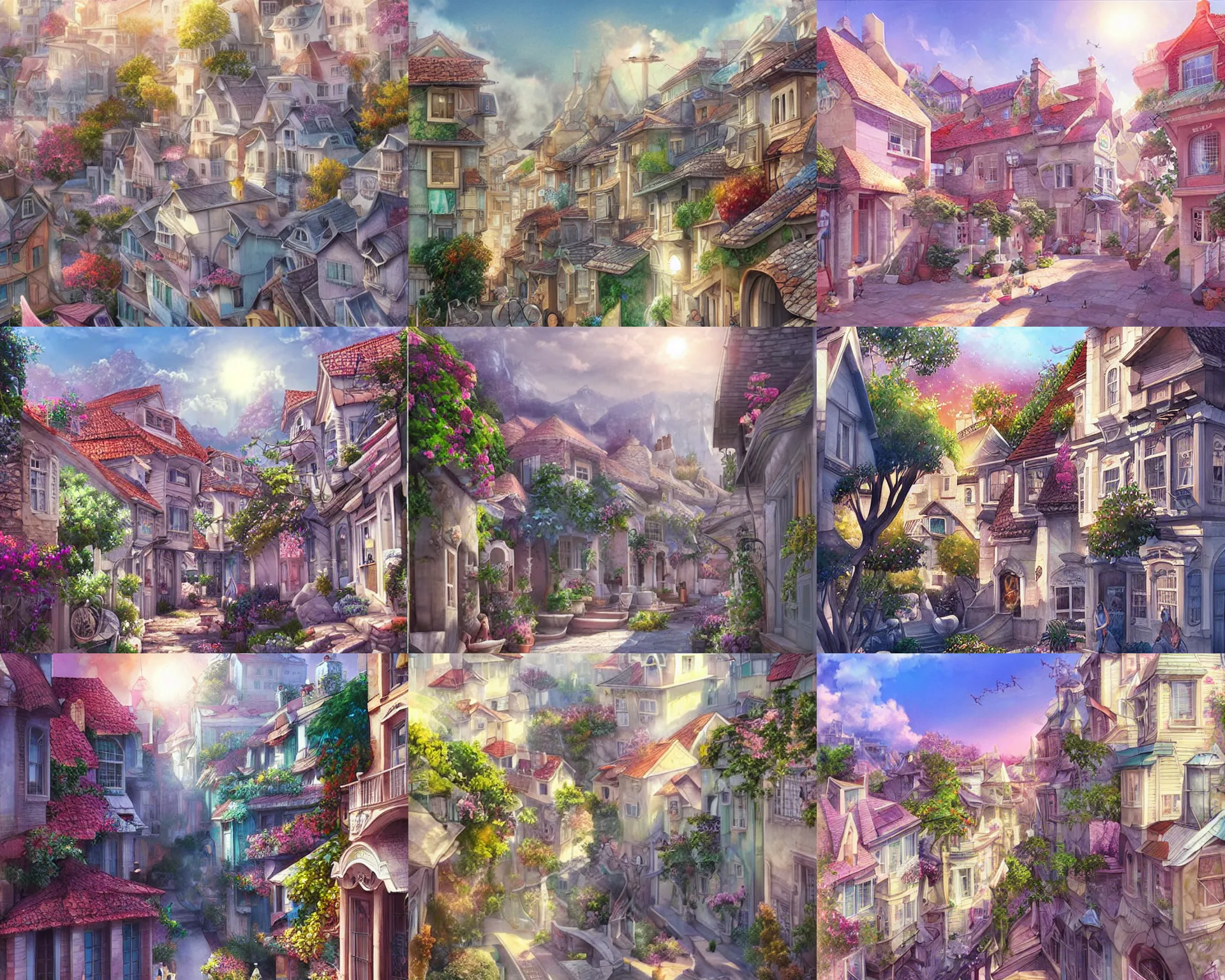 Prompt: sprawling city of pastel stone, sunlight and whimsical houses, digital art by artgerm ( watercolor )