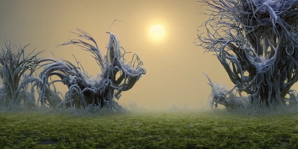 Prompt: “ ominous massive colossal white feathery sci - fi alien spider crab monster covered in white fuzzy fungus with spider - like legs, alien swamp with giant purple trees, vines & hills, thick heavy fog, sunset, golden hour, blue hour, cloud filled sky colorful magenta and green dramatic, by gerald brom, greg rutkowski, photo realism, unreal engine, c 4 d ”