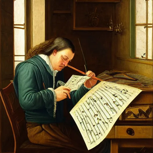 Image similar to highly detailed painting of bach writing a piece of music on a sheet of paper, he is inside of a wooden shack, 4 k resolution, by jaquis luis david, visible paint layers, renaissance.