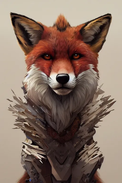 Image similar to symmetry!! portrait of fox furry in the style of horizon zero dawn, machine face, intricate, elegant, highly detailed, digital painting, artstation, concept art, smooth, sharp focus, illustration, art by artgerm and greg rutkowski and alphonse mucha, 8 k