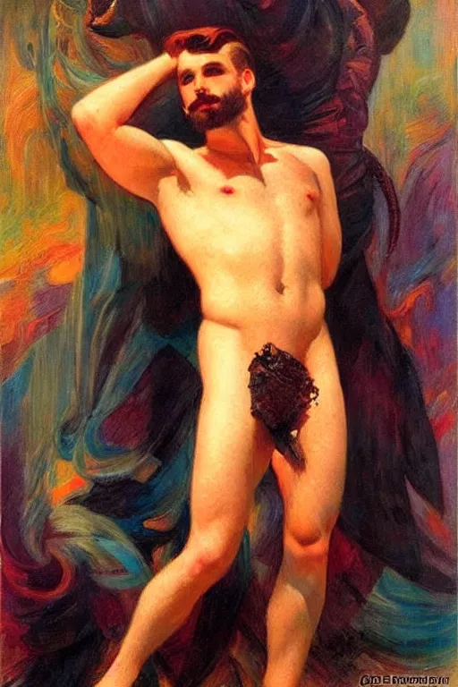 Image similar to attractive man, futurism, painting by gaston bussiere, tom of finland