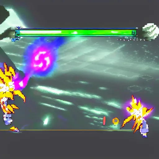 Image similar to ps 1 style videogame shmup arcade anime spaceship shooter 3 d epic bossfight, with hud elements