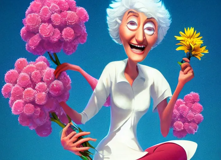 Image similar to pixar cartoon character of bea arthur being happy with her flowers. style by petros afshar, christopher balaskas, goro fujita, and rolf armstrong.