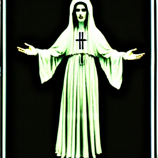 Image similar to vhs static overlay of marian apparition, vhs, 1 9 9 0, highly realistic, highly detailed, vhs noise static, black and white, vhs glitch