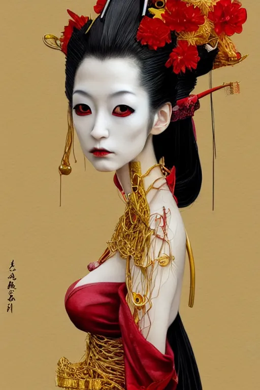 Prompt: watercolor painting of a japanese bjd geisha vampire queen with a long neck by hajime sorayama, irakli nadar, h. r. giger, epic dark - fantasy, red, gold flowers, black, surrealism, artgerm