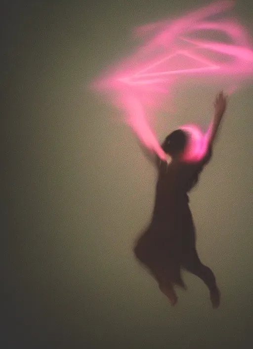 Image similar to female ascending into the sky, glowing aura, motion blur, long exposure, film grain, cinematic lighting, experimental film, shot on 1 6 mm