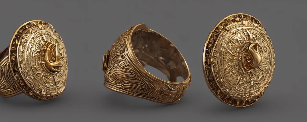 Image similar to simple ring with a shield ornament, ring, wood, gold, smooth shank, crystals, engravings, product design, jewelry, art by gerald brom, greg rutkowski and artgerm and james jean and zdzisław beksinski, 8 k, unreal engine, c 4 d