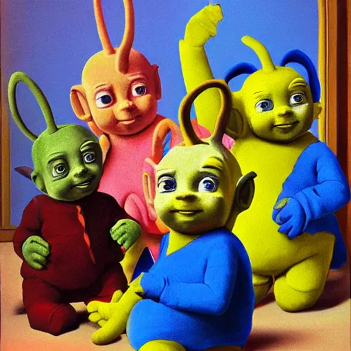 Image similar to painting of the teletubbies with the pearl earring, in the style of johannes vermeer