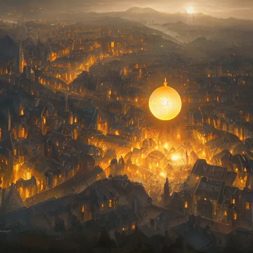 Prompt: aerial view of a medieval town lit by a glowing orb hanging far above the town. by alan lee by peter mohrbacher, trending on artstation sharp focus vfx key shot