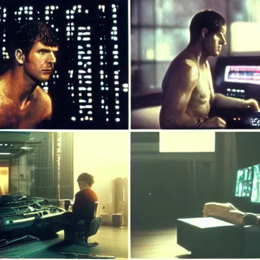 Image similar to 1 9 8 2 film stills of blade runner's deckard on his computer, upscaling a photo. his futuristic room is dark and atmospheric, touches of frank lloyd wright and syd mead,.