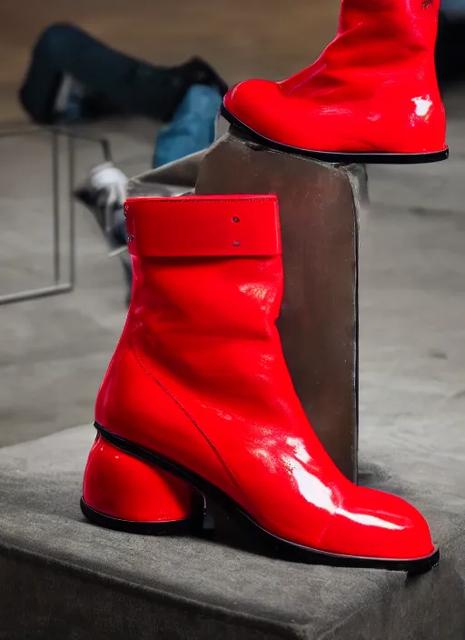 Prompt: hyperrealistic and heavy detailed balenciaga boots of whole lotta red by playboi carti, leica sl 2 5 0 mm, vivid color, high quality, high textured, real life
