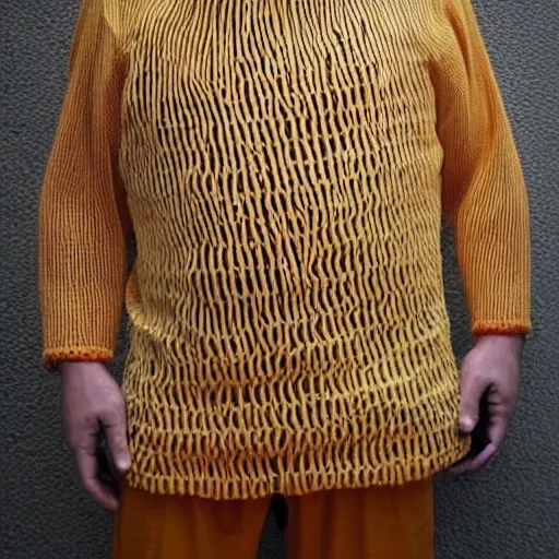 Image similar to man with shirt made out of knitted ramen noodles