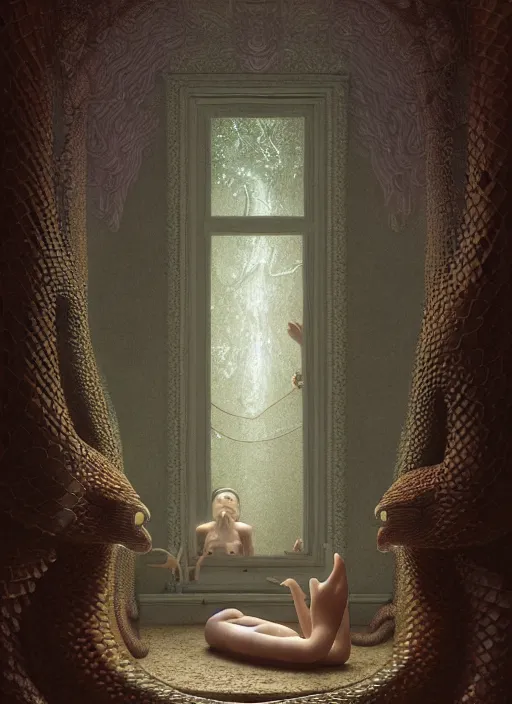 Image similar to hyperreal ultra detailed hypnagogic recollections from the waters of the unconscious. a 3 d psychopomp watching on. a child's face in the mirror, a doorway threshold, a snake, sharp focus, a digital egregore, global illumination, ornate, art by shaun tan, fenghua zhong and daniel merriam and dan mumford octane render