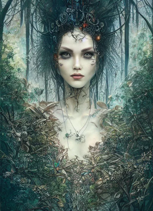 Image similar to natural city in the trees, intricate jewelry, trending on artstation 4 k, high quality, in the style of karol bak and tom bagshaw, tattoos