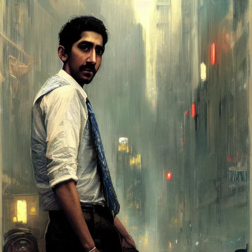 Image similar to dev patel, hyperrealistic portrait, bladerunner street, art of elysium by jeremy mann and alphonse mucha, fantasy art, photo realistic, dynamic lighting, artstation, poster, volumetric lighting, very detailed face, 4 k, award winning