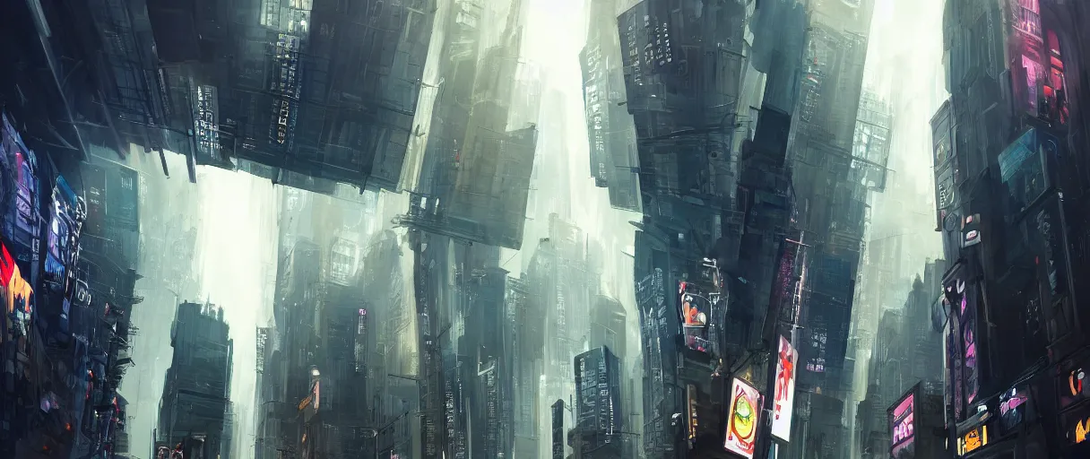 Image similar to huge modern downtown city, billboards, Times Square, dark, concept art, digital painting, style of jordan grimmer, warm lighting, futuristic, volumetric lighting, view from below, daytime, godrays , high detail