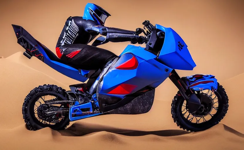 Prompt: prototype, futuristic dakar motorbike, dakar race, wipeout fusion style, sand in background, symmetrical mechanical features, off - road tires, designed by professional, smooth curvatures, brushed red and blue paint, hard surfaces modelling, dramatic lighting, hyper realistic rendering, depth of field, bokeh effect, 4 k