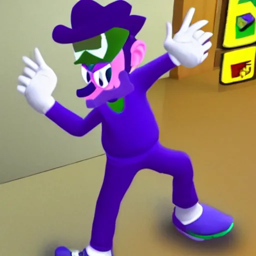 Image similar to Vinny Vinesauce, dressed as Waluigi