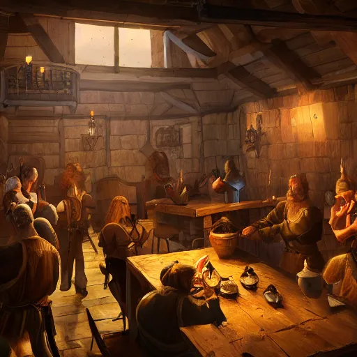 Prompt: A tavern filled with adventurers, medieval fantasy, warm lighting, wide shot, photorealistic