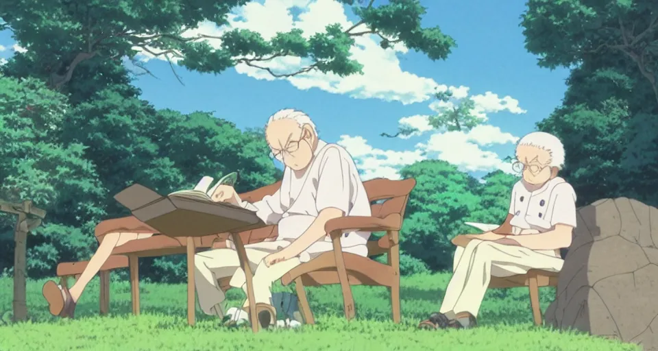 Image similar to screenshot from the anime film by studio ghibli, grandpa reading a book to a young child, serene, summer, from the anime film by makoto shinkai