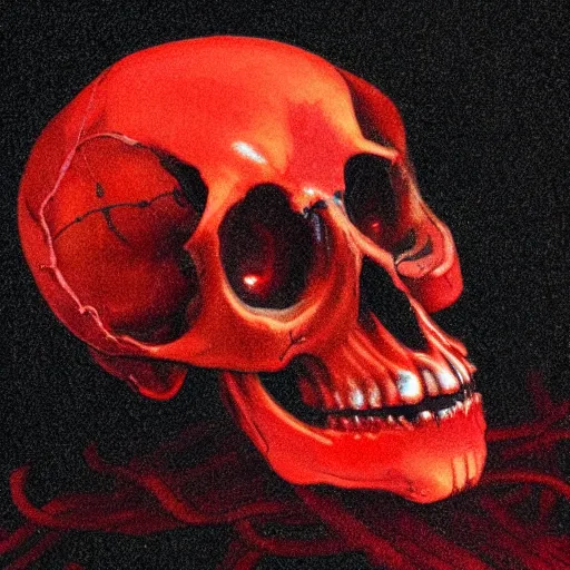 Prompt: a red human skull embraced by the tendrils of a jellyfish