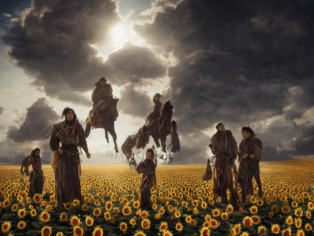 Prompt: a portrait of the mighty sunflower people, a nomadic mongolian tribe that follows the sun in a vast barren valley where helianthus grow tall and abundantly, by Greg Rutkowski, Sung Choi, Mitchell Mohrhauser, Maciej Kuciara, Johnson Ting, Maxim Verehin, Peter Konig, Bloodborne, macro lens, 35mm, 8k photorealistic, cinematic lighting, HD, high details, atmospheric